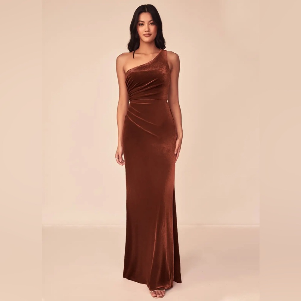 Azazie Argan Terracotta A-Line One Shoulder Pleated Velvet Dress
Size A2